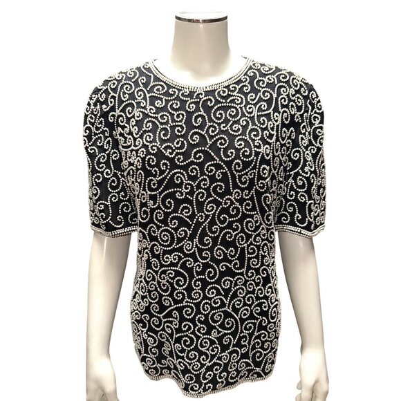 Lawrence Kazar 2X Black Silk Beaded Top Pearl Swirl Vintage Glam Holiday Party - Picture 2 of 11